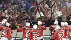 Pardubití hokejisté slaví s fanouky výhru v baráovém utkání s Kladnem.