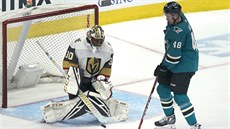 Malcolm Subban v brance Vegas, p�ed ním je Tomá� Hertl ze San Jose.