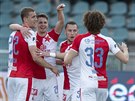 Fotbalisté Slavie se radují z gólu v utkání proti Dukle.
