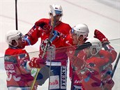 Pardubit hokejist slav gl Petra Skory (druh zprava) v utkn s...