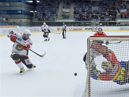 Stelu chomutovskho Radka Dudy (vlevo) likviduje rybikou brank eskch...