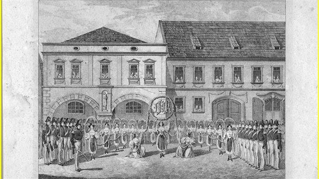 Chmelový tanec pro Františka I. Grafický list
v publikaci z cesty panovníka po Čechách z roku 1833