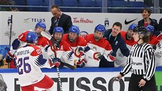 �eské hokejistky oslavují gól.