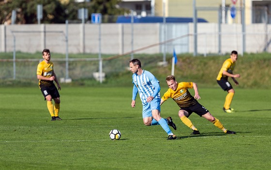 Momentka z utkání Prostjov (v bílo-modrém) vs. Sokolov. Jan Polák (s míem)...