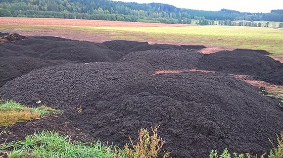 Hromady neupravených istírenských kal na poli u Vlic na Trutnovsku