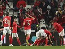 Fotbalisté Benfiky oslavují gól v utkání proti Frankfurtu.