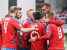 Fotbalisté Plzn se radují z gólu v utkání s Baníkem Ostrava.