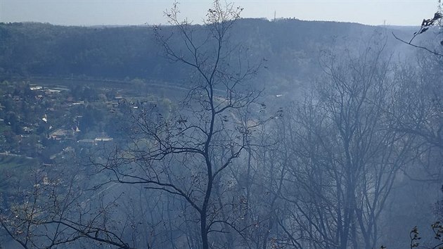 S porem u ee u Prahy bojuj hasii od ptenho poledne, kolem pt hodiny ho dostali pod kontrolu (19. dubna 2019).