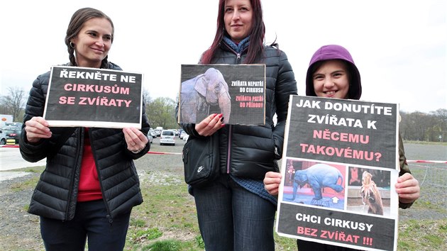 Protest aktivist za cirkusy bez zvat ped stanovitm cirkusu Berousek originl cirkus Sultn v Karlovch Varech na Zpadn ulici (13. 4. 2019).