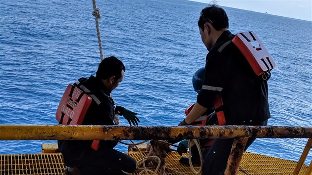 T�a�i ropy zachr�nili psa. Plaval v mo�i 220 kilometr� od thajsk�ho pob�e��. (12. dubna 2019)