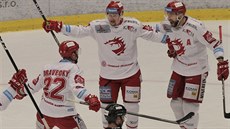 Třinečtí hokejisté v euforii - gól vstřelil Vladimír Dravecký.