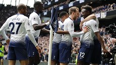 Fotbalisté Tottenhamu se radují z gólu do sít Huddersfieldu.