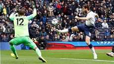 Fernando Llorente z Tottenhamu (v bílém) pálí na branku Huddersfieldu steenou...