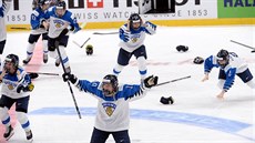 Finská radost ve finále mistrovství sv�ta �en v hokeji.