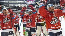 Pardubití hokejisté slaví udrení v extralize po triumfu v Chomutov.