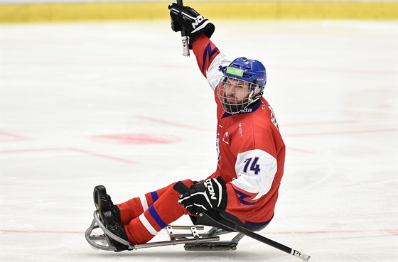 eský parahokejista Michal Geier slaví gól v duelu proti védsku.