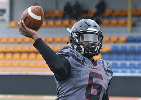 Reggie Langford (vlevo) z Vysoina Gladiators v zápase s Brno Alligators