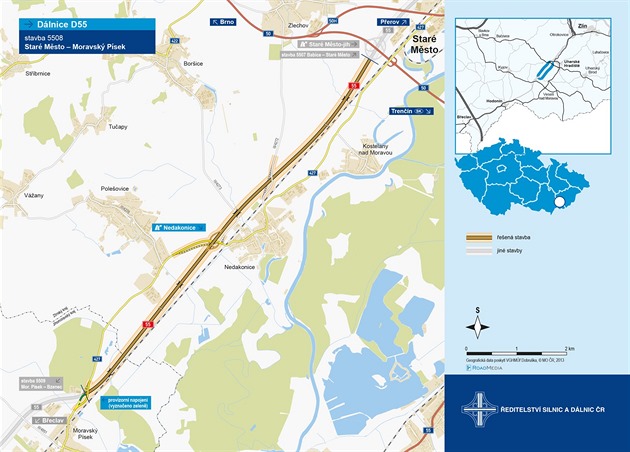 Trasa plánované dálnice D55 v úseku Staré Msto  Moravský Písek