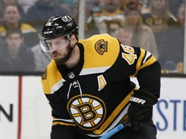 David Krejčí z Bostonu číhá před brankou Frederik Andersen. Brání i Jake...