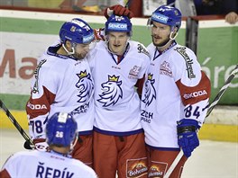 et hokejist se raduj z glu do st Slovenska v utkn Euro Hockey...