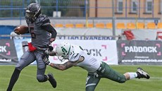 Reggie Langford (vlevo) z Vysoina Gladiators v zápase s Brno Alligators