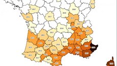 Mapa ukazujc rychlost en komra tygrovanho na zem Francie v jednotlivch letech. (30. dubna 2019)