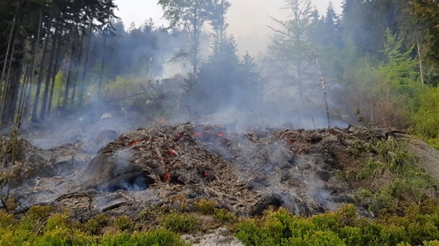 Hasiči likvidují na Tanvaldském Špičáku rozsáhlý požár lesa. (8. května 2019)