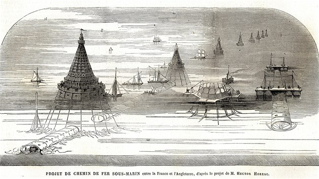 Návrh na podmořský železniční tunel mezi Francií a Velkou Británií z roku 1866.