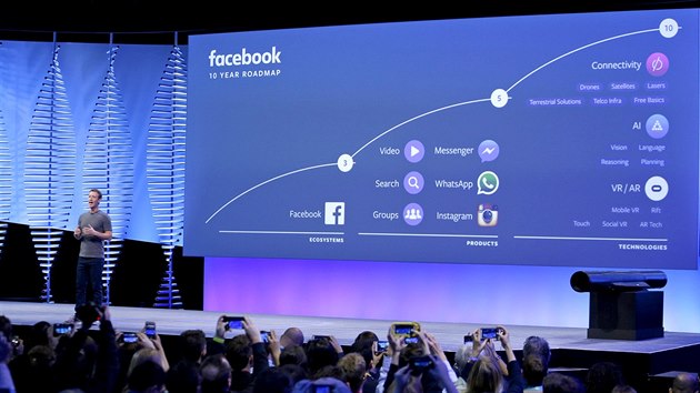 Zakladatel Facebooku Mark Zuckerberg hovoří o desetiletém plánu společnosti na konferenci v San Francisku. (12. dubna 2016)