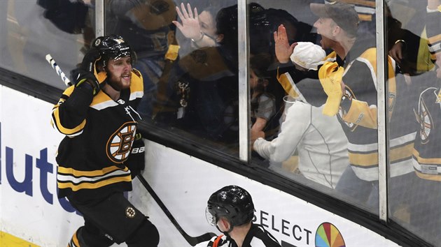 David Pastrk oslavuje s fanouky Boston Bruins svj vtzn gl.