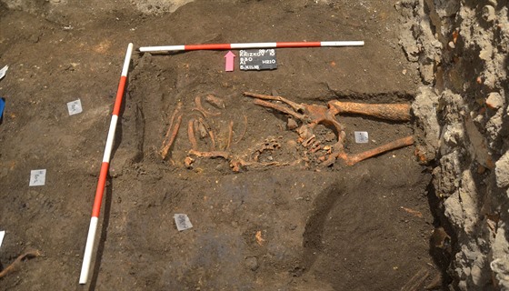 Pohled na hrob H210 a kosterní pozstatky nalezené archeology na míst bývalého...