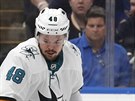 Marc-Edouard Vlasic (vlevo) a Tomá Hertl ze San Jose v soubiji s Davidem...