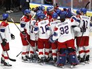 Čeští hokejisté slaví na MS výhru nad Norskem.