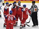 Čeští hokejisté slaví první gól v utkání proti Itálii na mistrovství světa,...