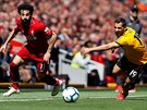 Liverpoolský Mohamed Salah (vlevo) uniká Jonny Castrovi z Wolverhamptonu v...
