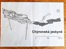 Chýnovská jeskyn�. Tmav� �ed� vyzna�ená �ást vpravo je nov� zmapované zatopené...