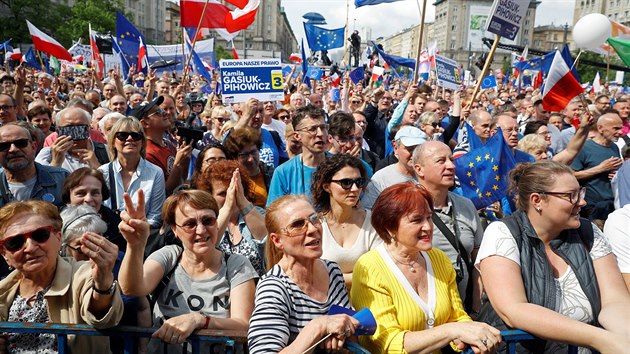 Tisce lid v sobotu pochodovali Varavou na oslavu polskho lenstv v EU (18. kvtna 2019)