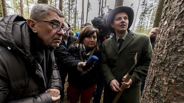 Andrej Babi a Alena Schillerov naslouchaj v krovcem ohroenm lese na Vysoin vkladu lesnka. (15. kvtna 2019)