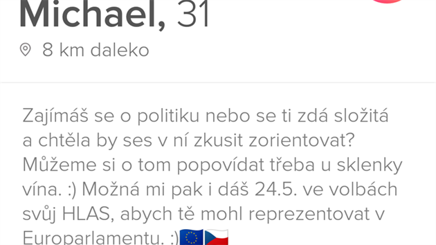 Kandidt hnut HLAS Michael Pascal Vee lk na seznamovac aplikaci Tinder eny na volby do Evropskho parlamentu. (13. kvtna 2019)