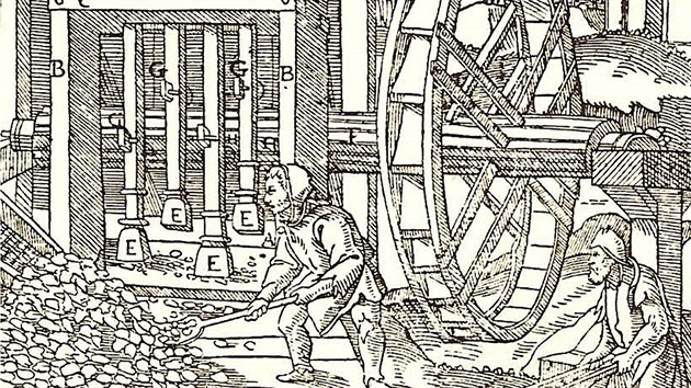 Takto nechal zpodobnit vodotn kolo ve svch slavnch knihch o metalurgii z roku 1556 uenec Georgius Agricola.