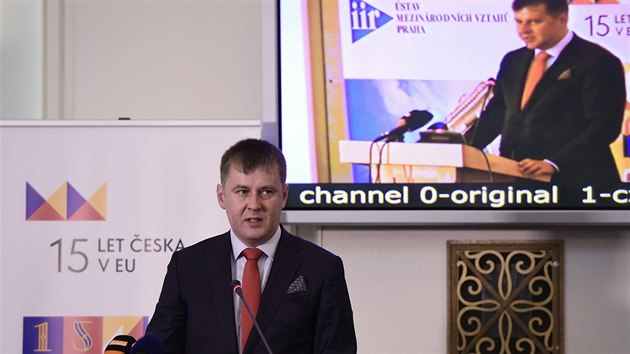 Ministr zahrani Tom Petek vystoupil 16. kvtna 2019 v ernnskm palci v Praze na konferenci Patnct let esk republiky v EU.