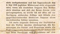 Letáky, které shazovala letadla Rudé armády 8. kvtna 1945. Psalo se v nich o...