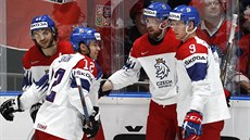 �e�tí hokejisté oslavují gól v zápase s Norskem.