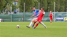 Karel Hasil z Táborska (v modrém) v duelu s Pardubicemi