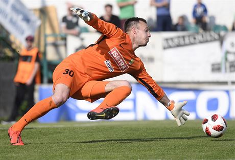 Opavský branká Vilém Fendrich zasahuje bhem zápasu proti Bohemians.