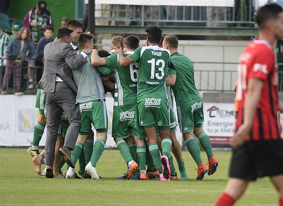 Hrái Bohemians se radují z vyrovnávacího gólu v zápase proti Opav.