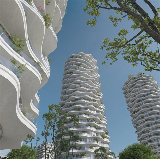 Vítězný návrh rozvlněné věže architektky Evy Jiřičné