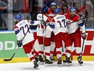 etí hokejisté slaví gól proti výcarsku, který vstelil kapitán Jakub Voráek...