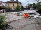 Velk voda se prohnala tak kolem arelu pivovaru v Ronov pod Radhotm.