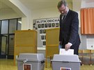 Pedseda Obanské demokratické strany Petr Fiala vhodil hlas do volební urny v...